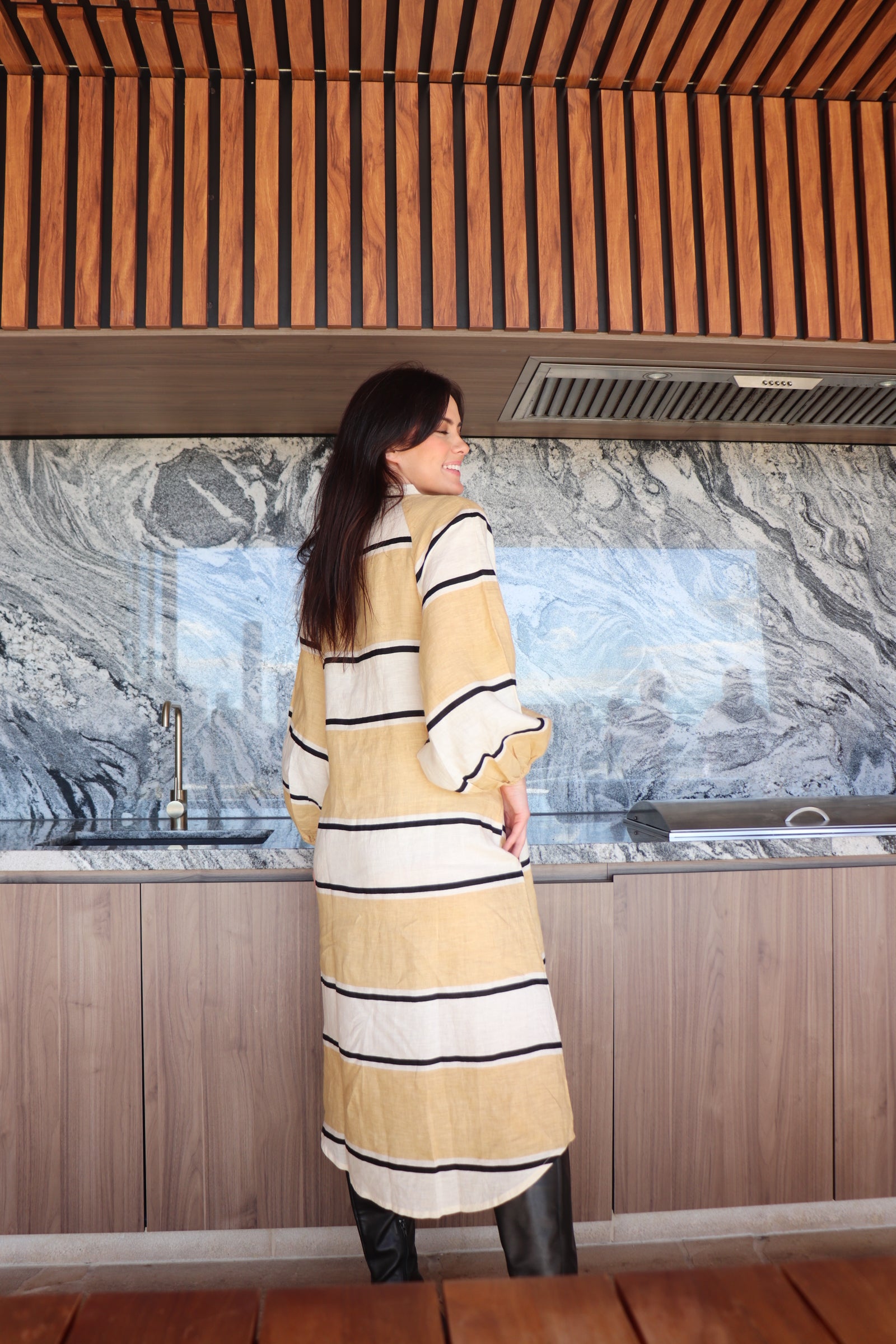 Amelie Dress | Beige & White Stripe