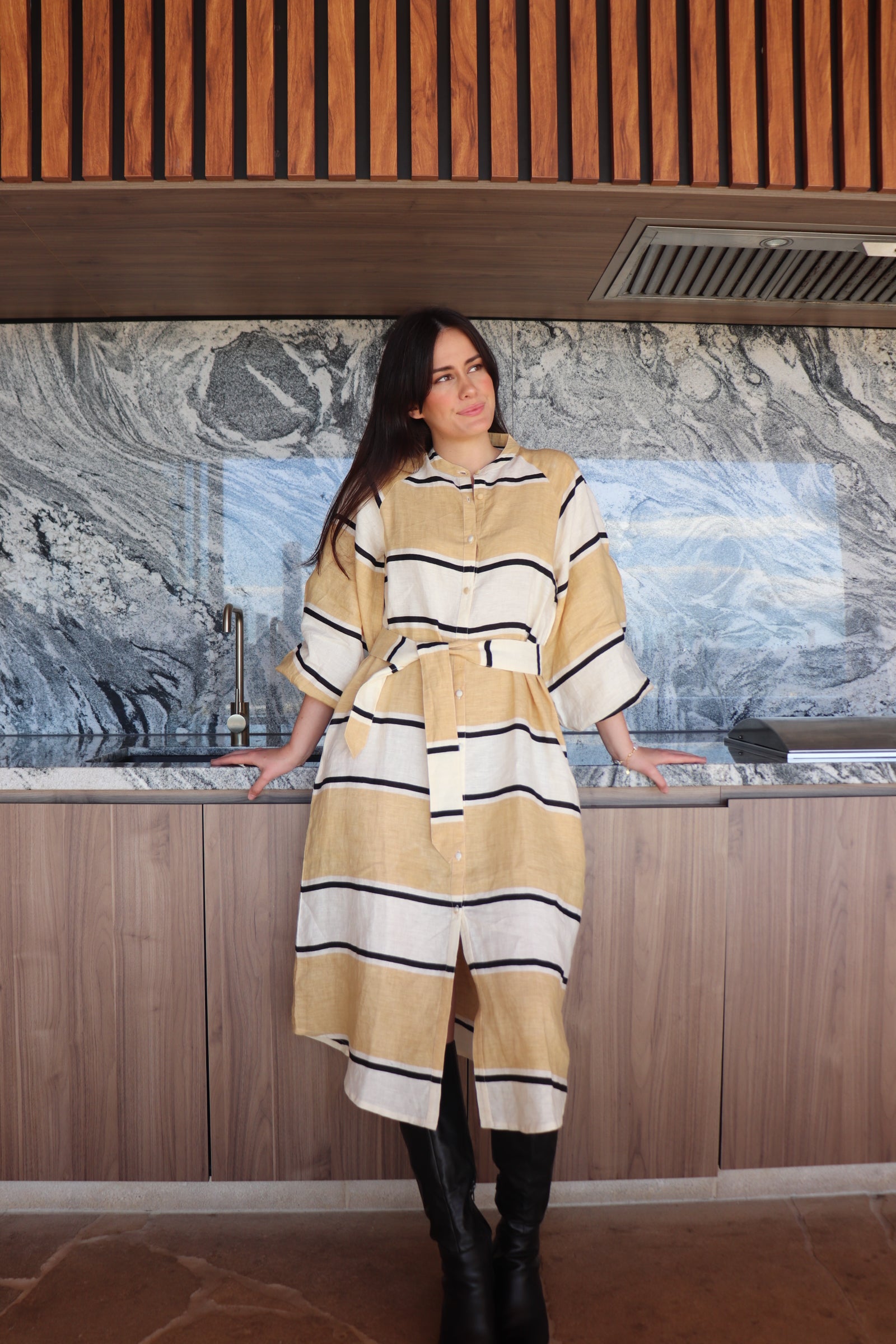 Amelie Dress | Beige & White Stripe