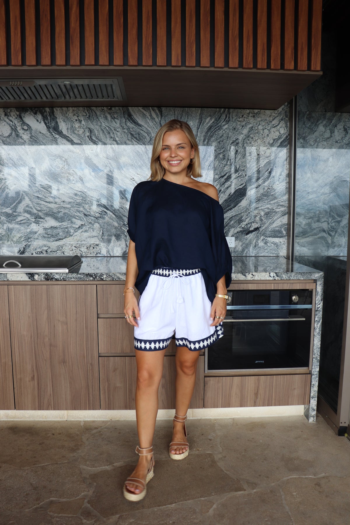 Elke Shorts | White & Navy Aztec