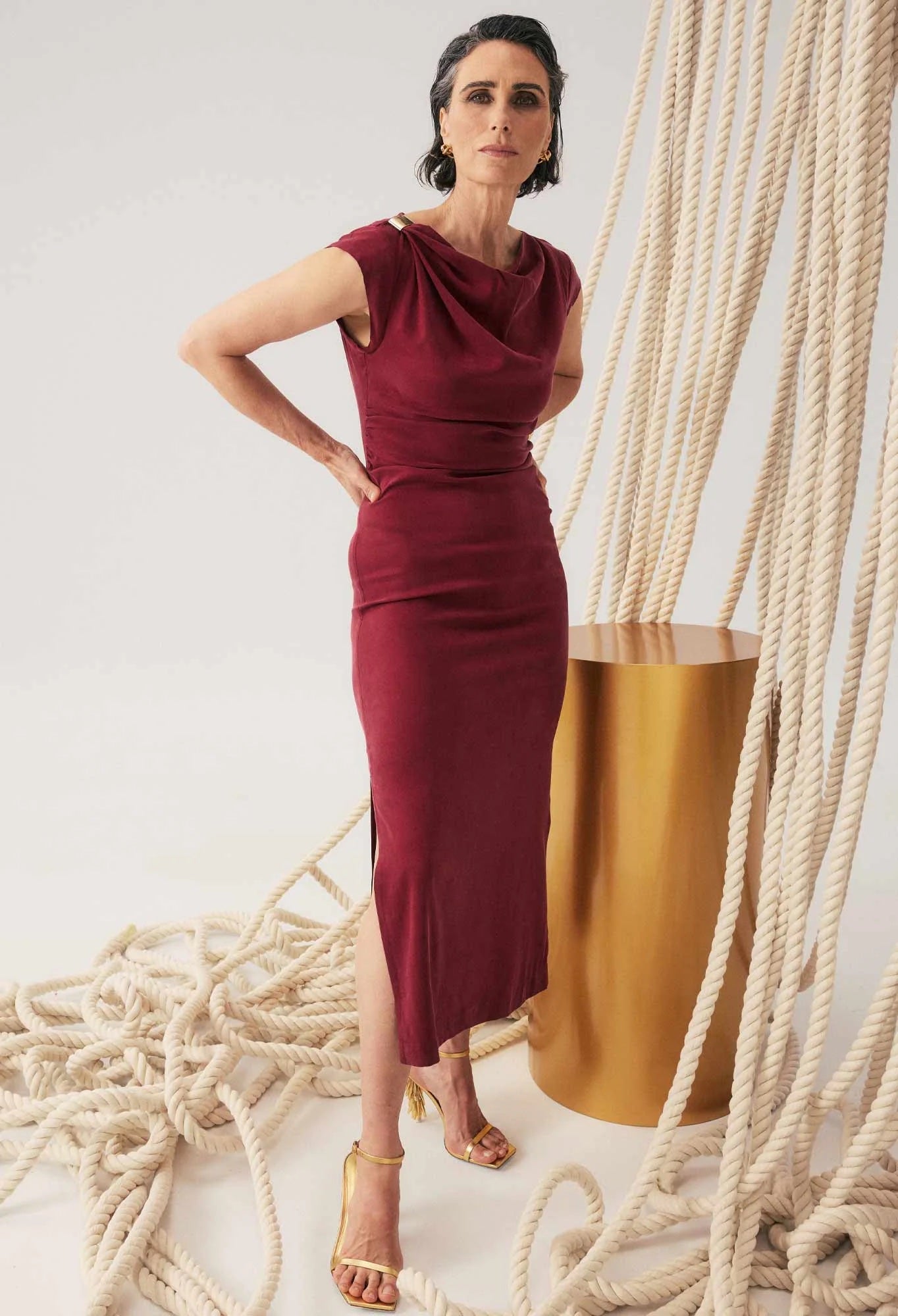 Monique Draped Neck Gold Column Dress in Ruby