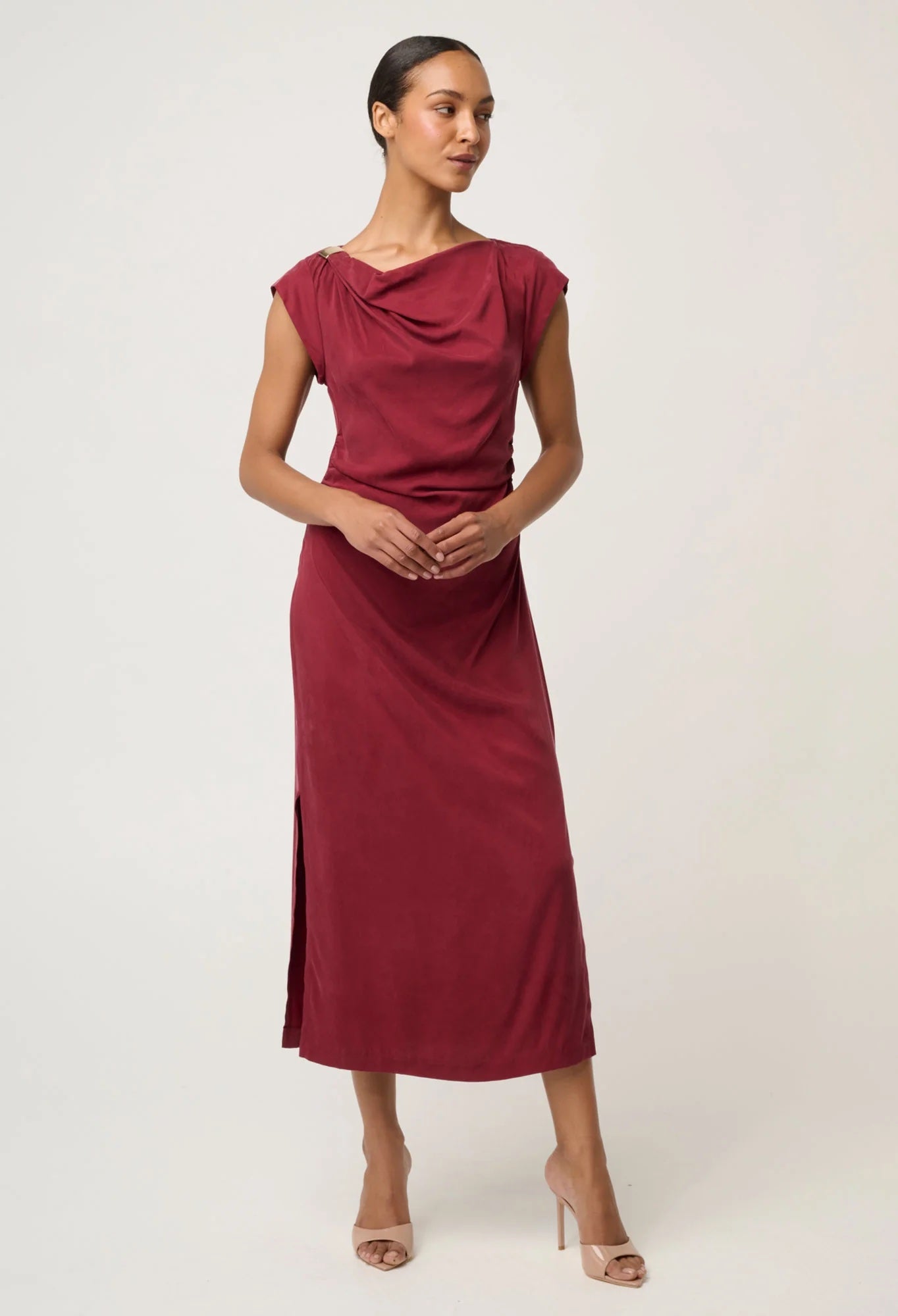 Monique Draped Neck Gold Column Dress in Ruby
