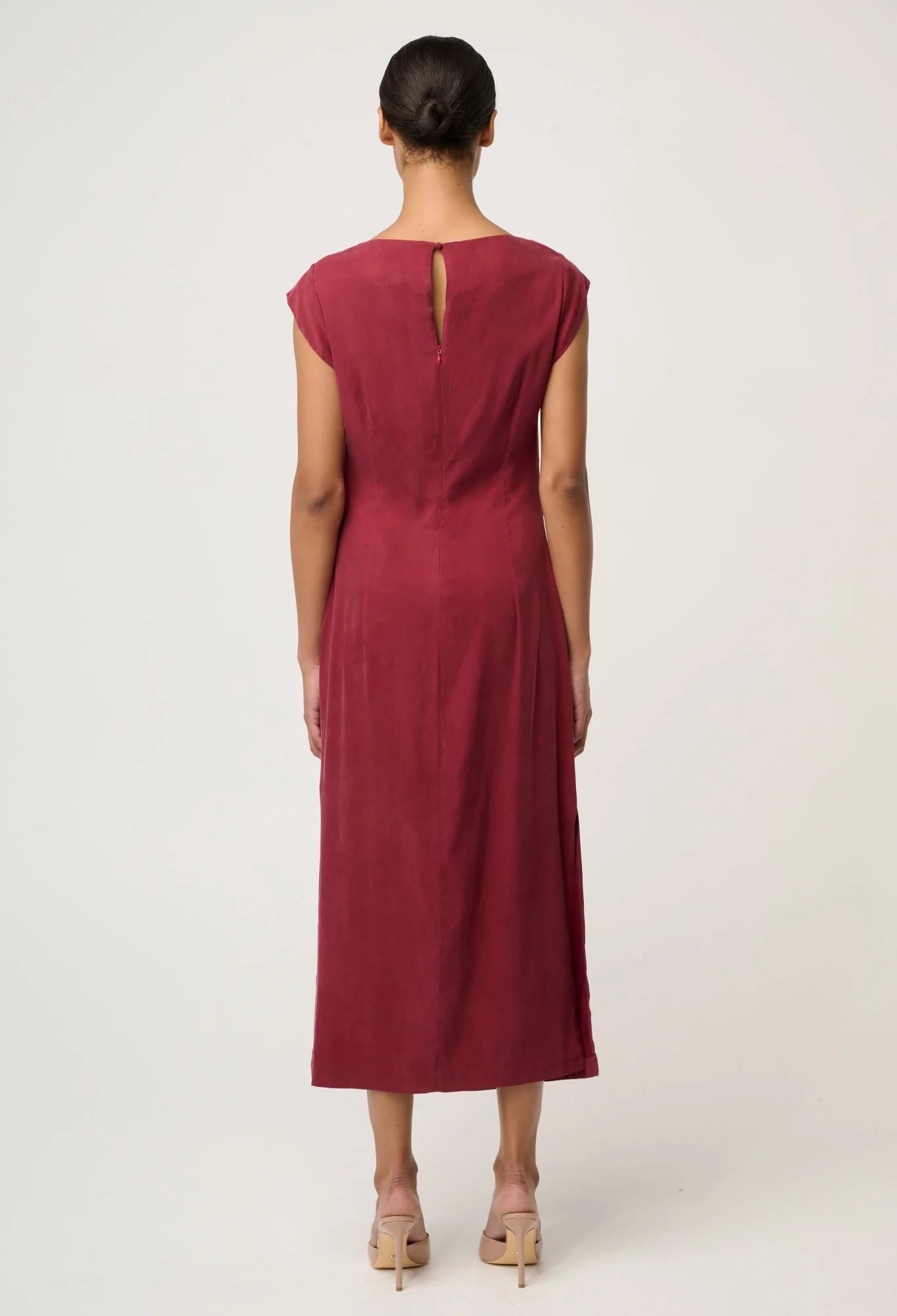 Monique Draped Neck Gold Column Dress in Ruby