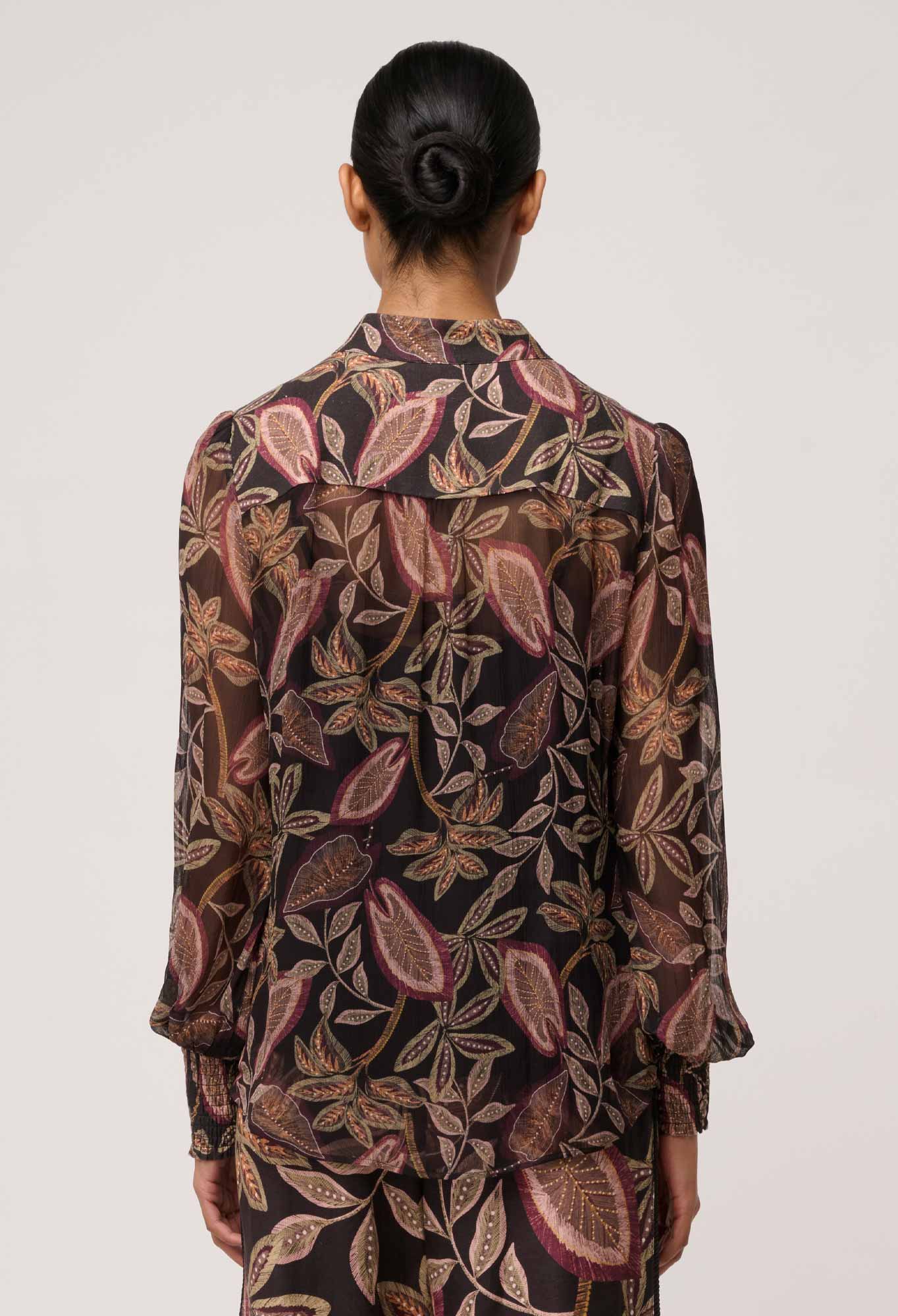 Freya Sheer Viscose Blouse with Embellished Neck in Dark Tropique