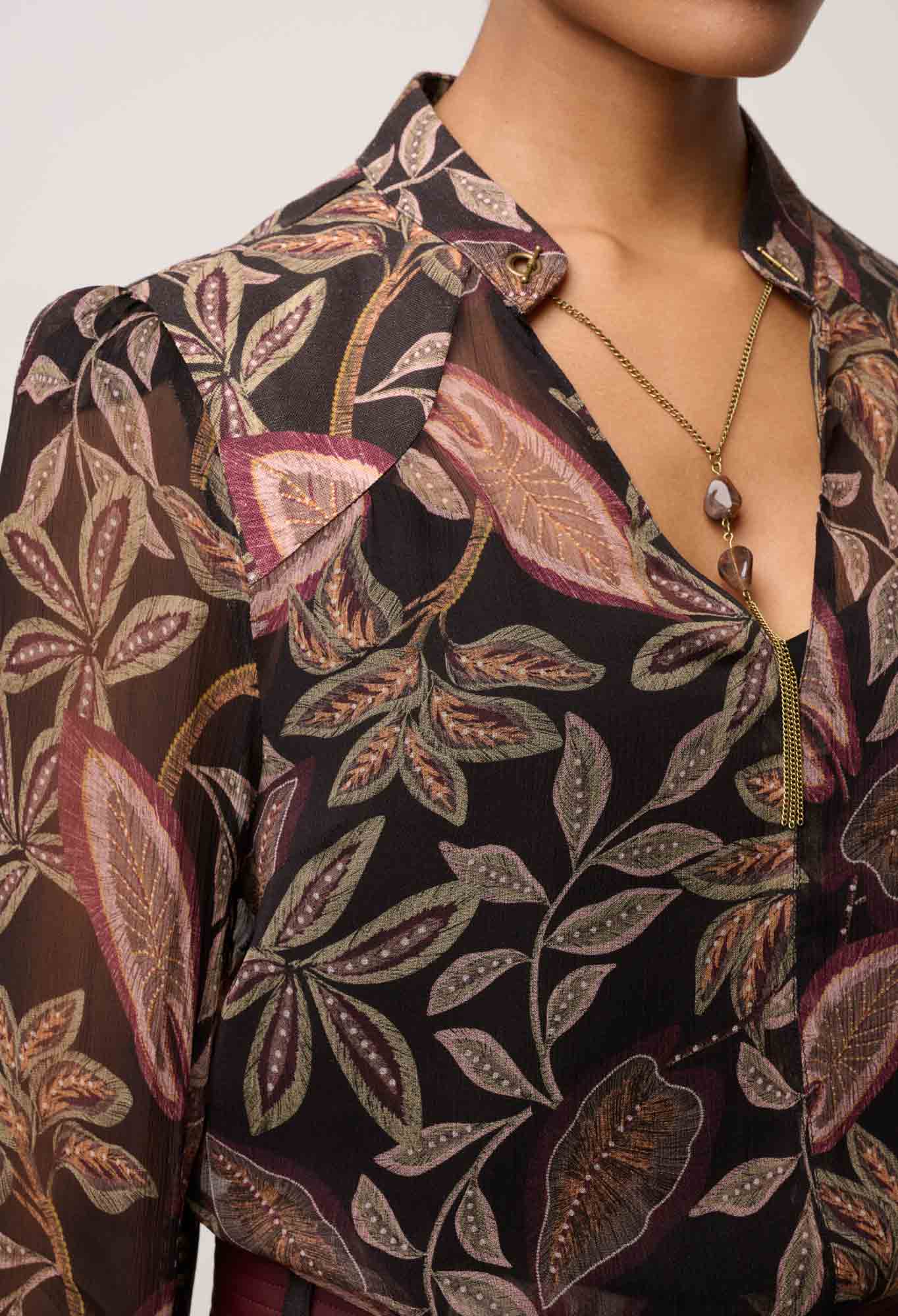Freya Sheer Viscose Blouse with Embellished Neck in Dark Tropique