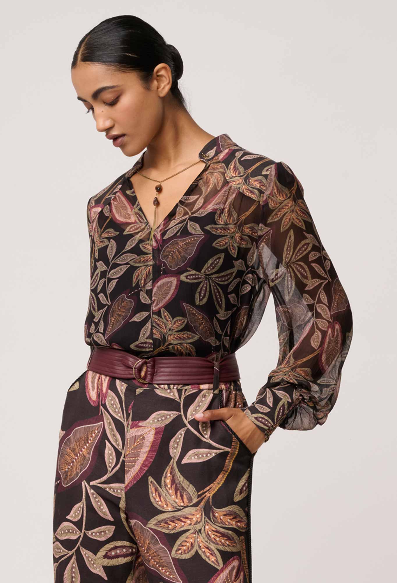 Freya Sheer Viscose Blouse with Embellished Neck in Dark Tropique
