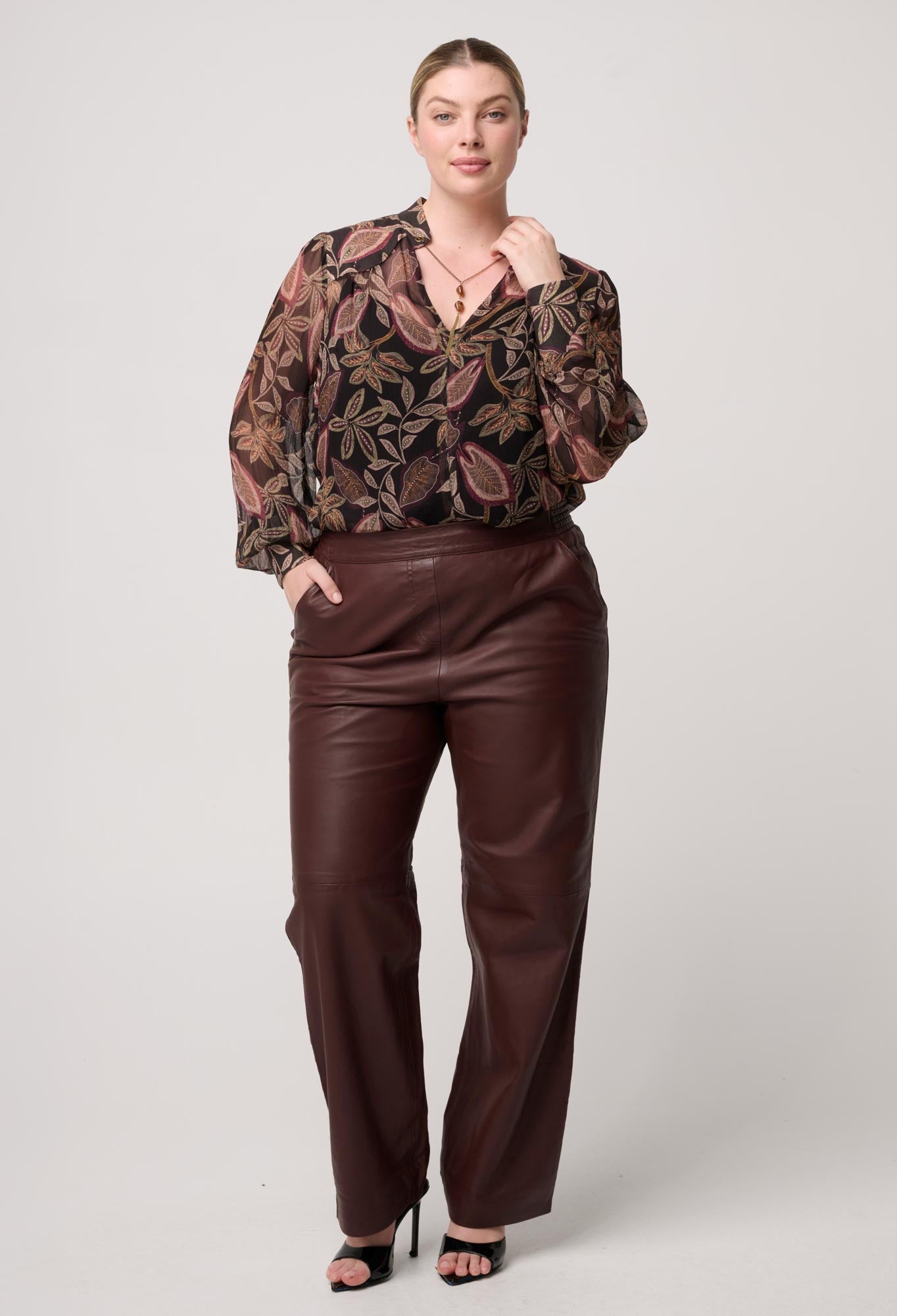Freya Sheer Viscose Blouse with Embellished Neck in Dark Tropique
