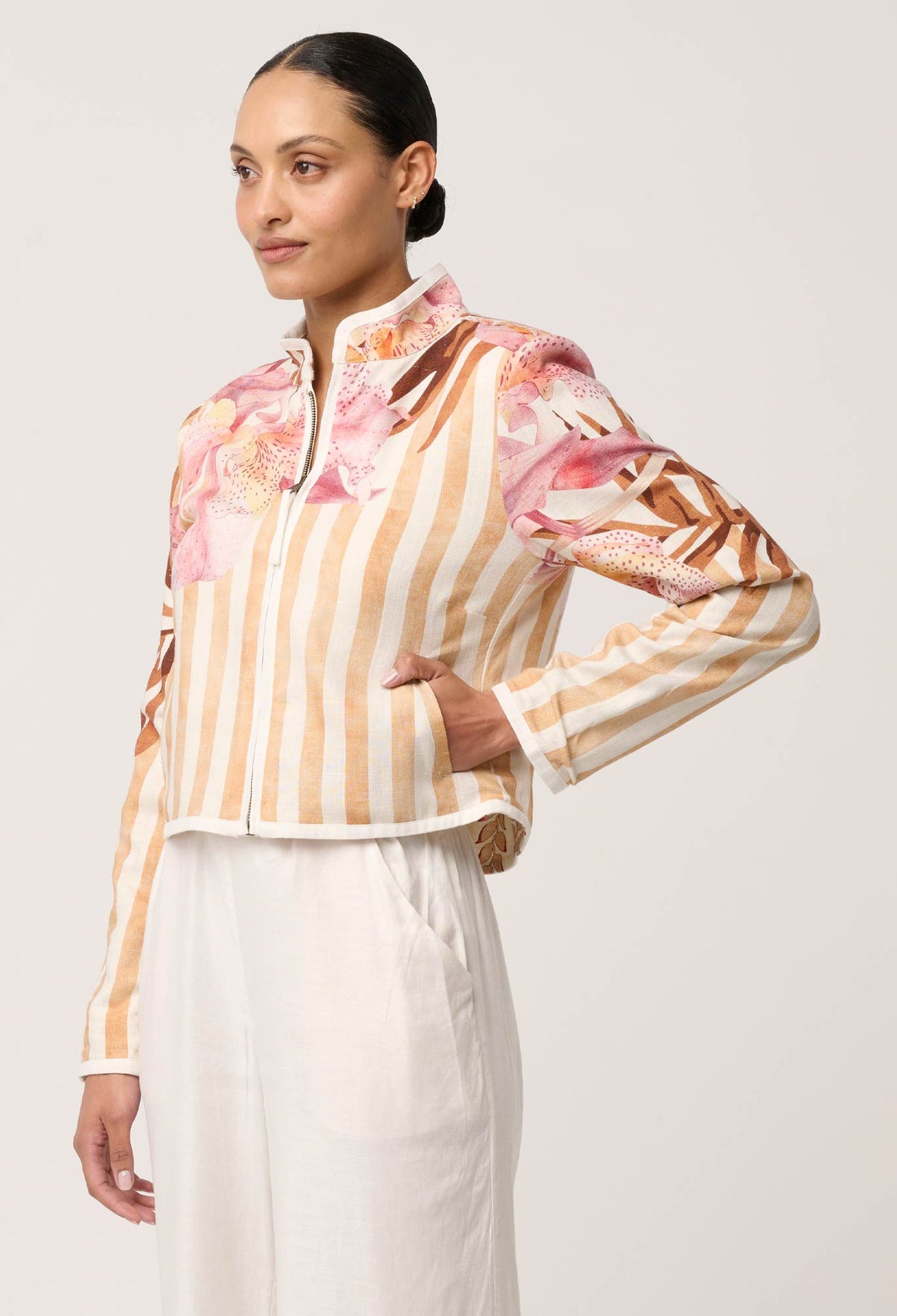 Delray Reversible Linen Viscose Jacket in Golden Promenade | Gilded Frond
