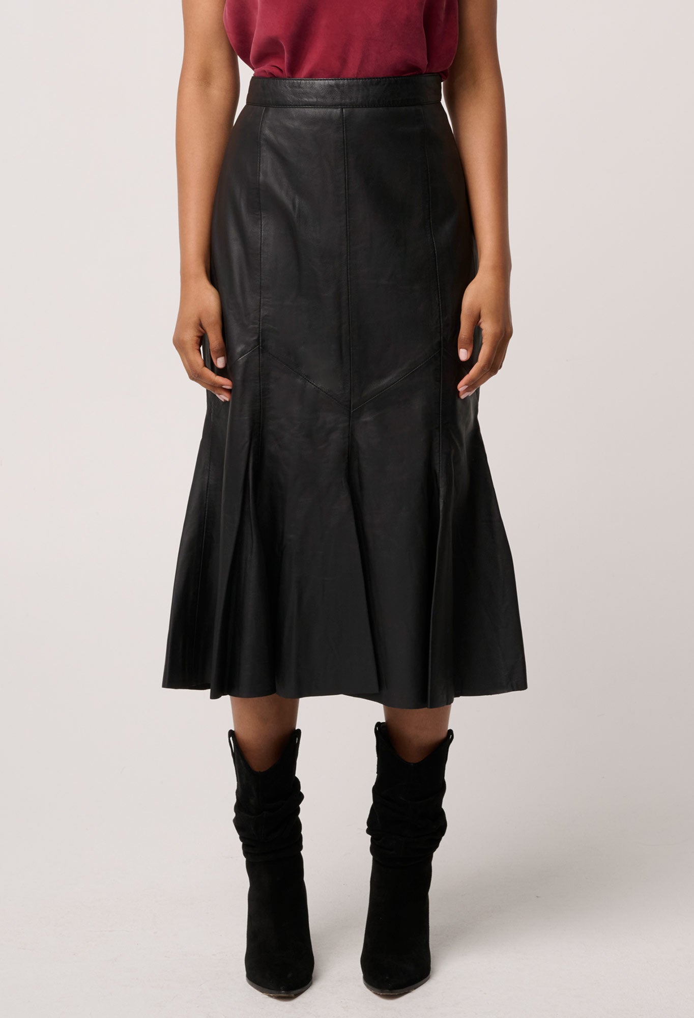 Gayle Genuine Leather Panelled Skirt in Black
