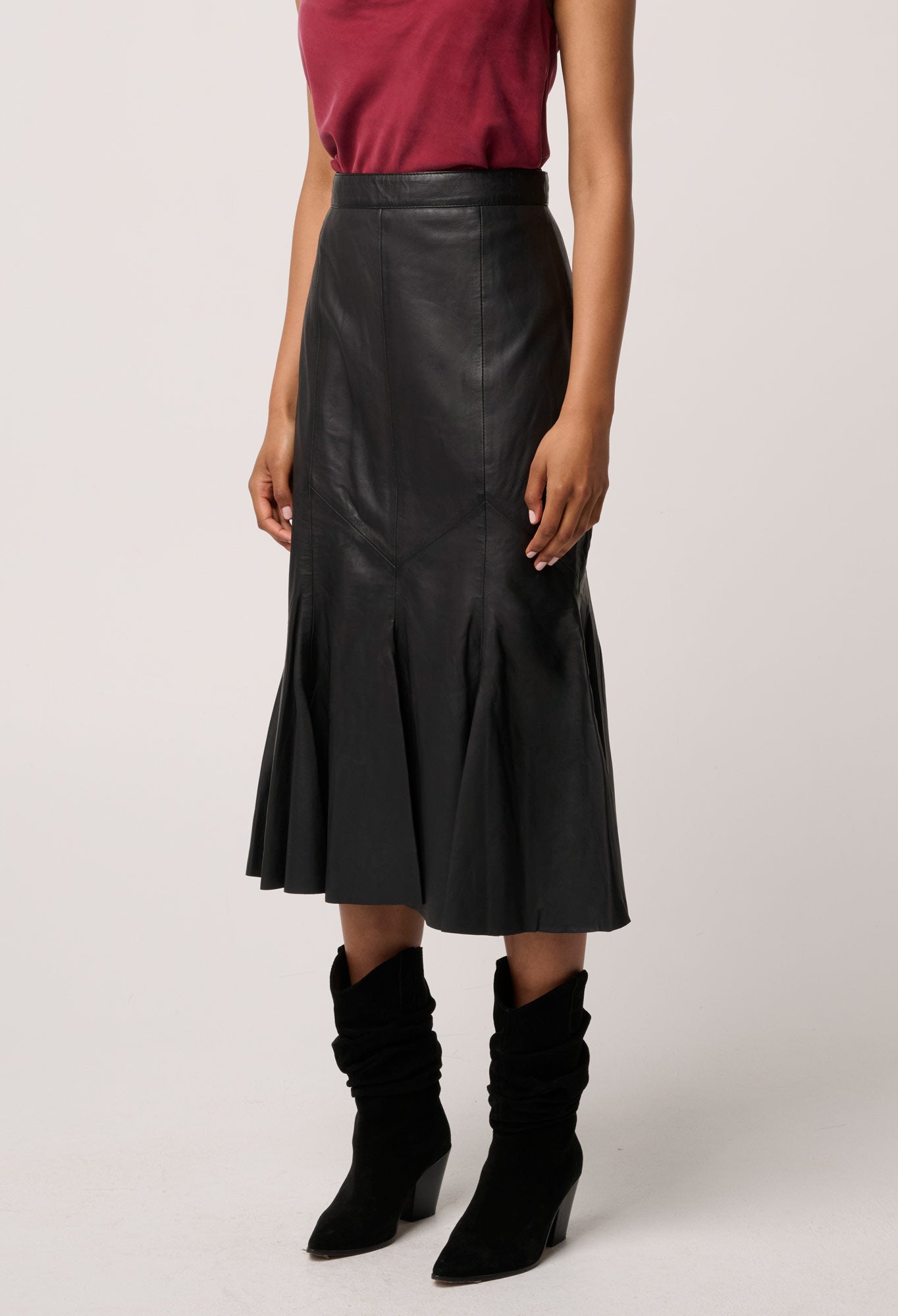 Gayle Genuine Leather Panelled Skirt in Black