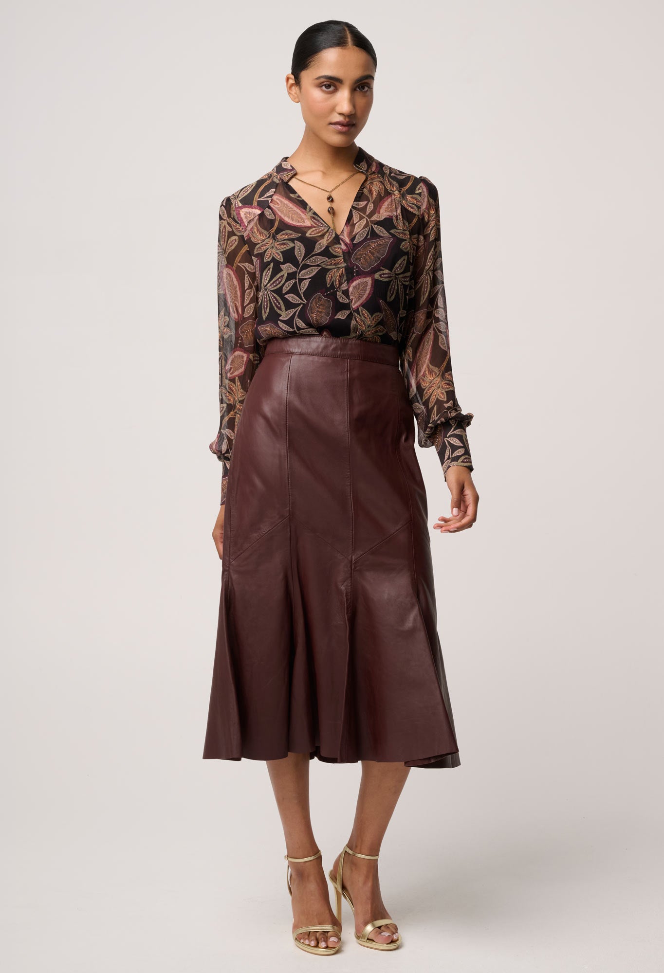 Gayle Genuine Leather Panelled Skirt in Oxblood