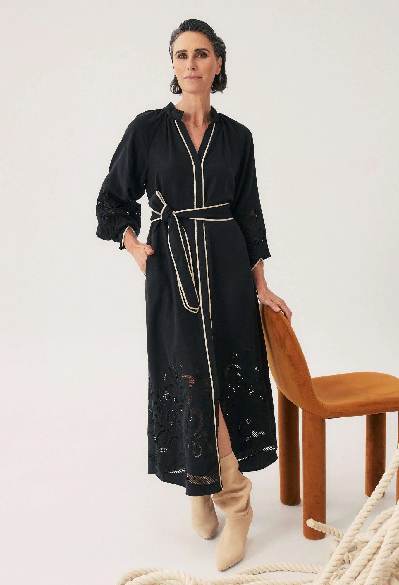 Rhea Embroidered Tencel Maxi Dress in Black