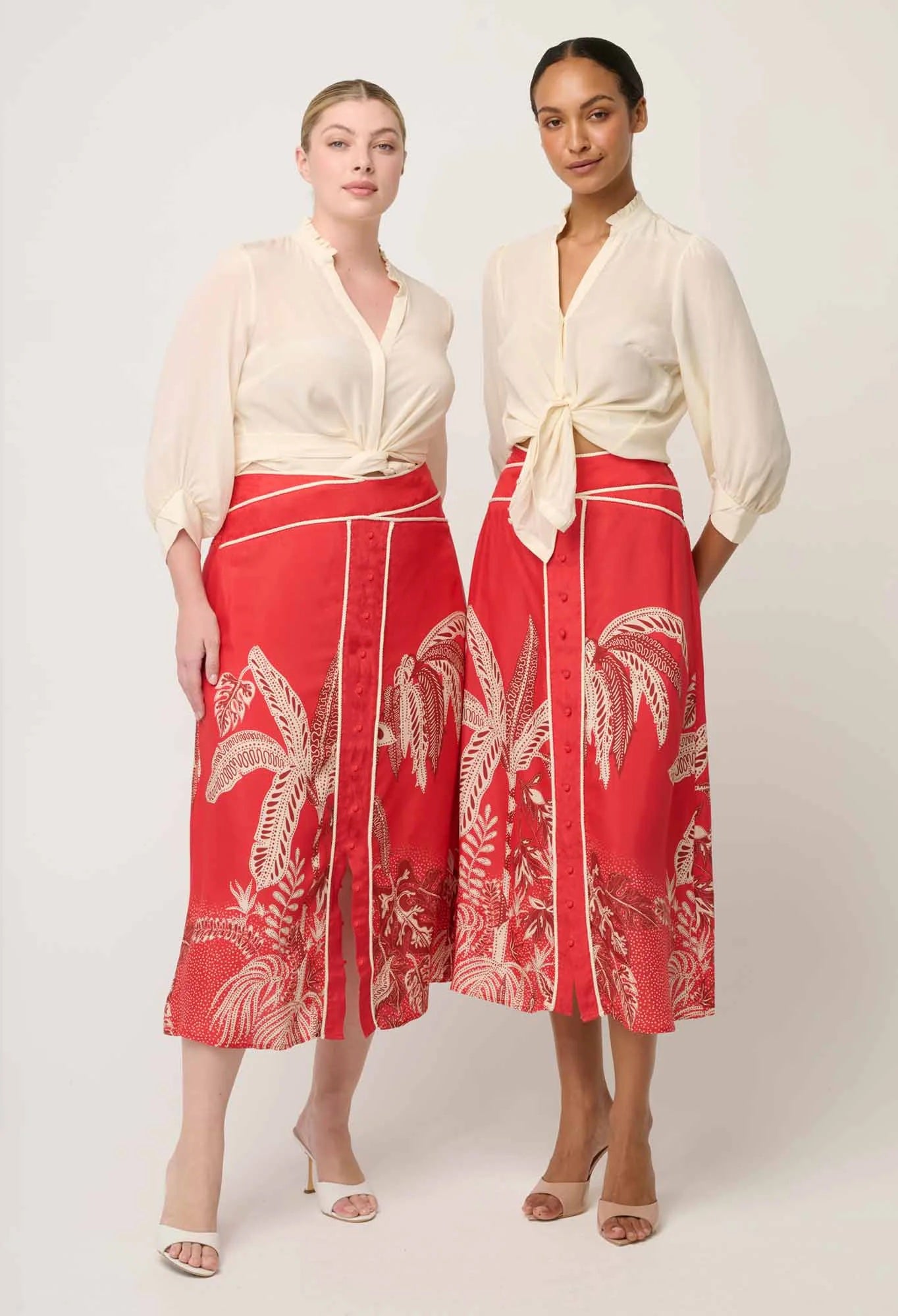 Harper Viscose Faille Placement Waist Panel Skirt in Crimson Palms