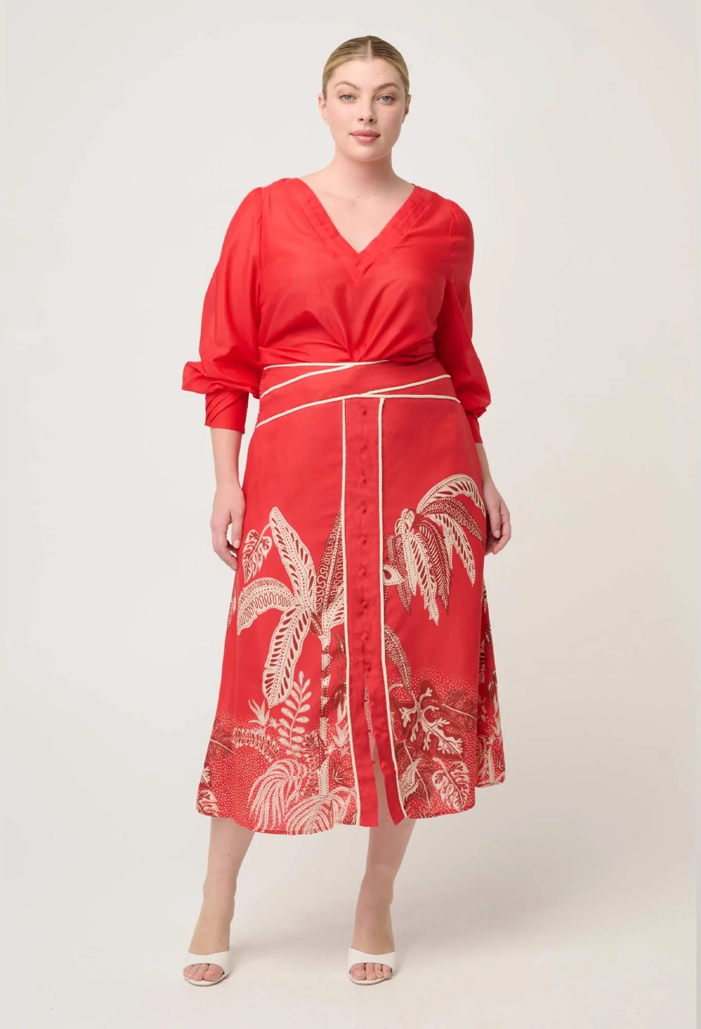 Harper Viscose Faille Placement Waist Panel Skirt in Crimson Palms