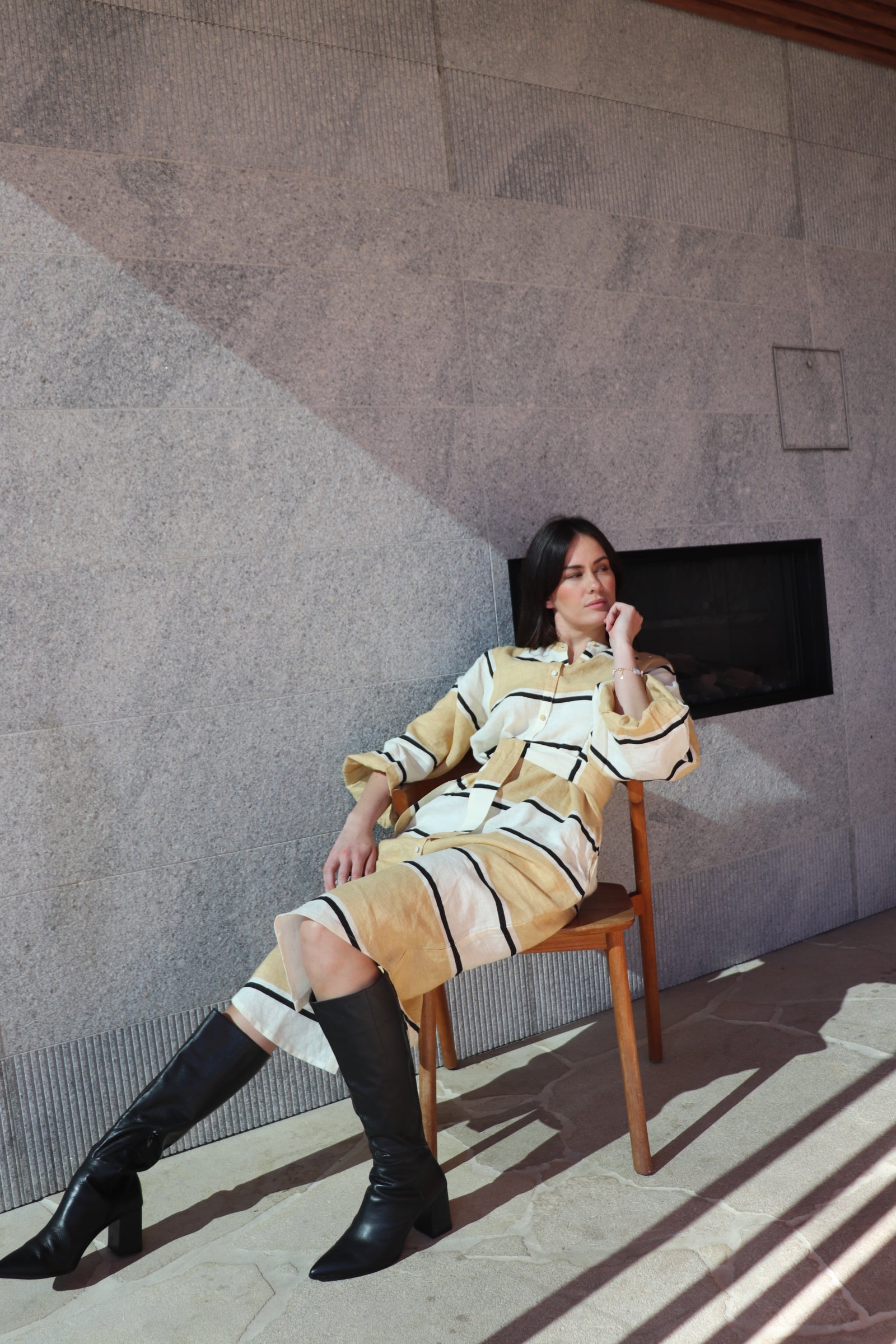 Amelie Dress | Beige & White Stripe