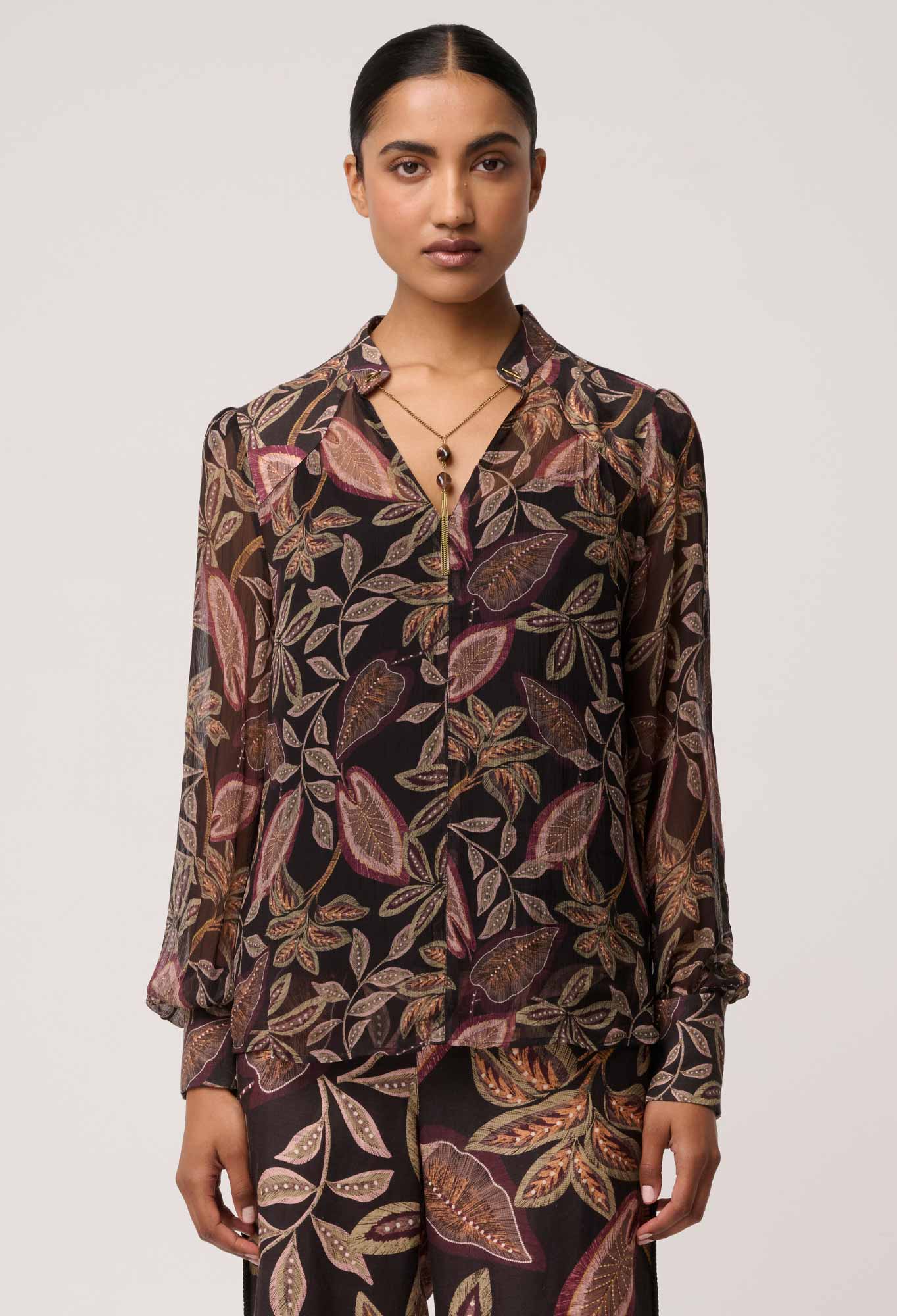 Freya Sheer Viscose Blouse with Embellished Neck in Dark Tropique
