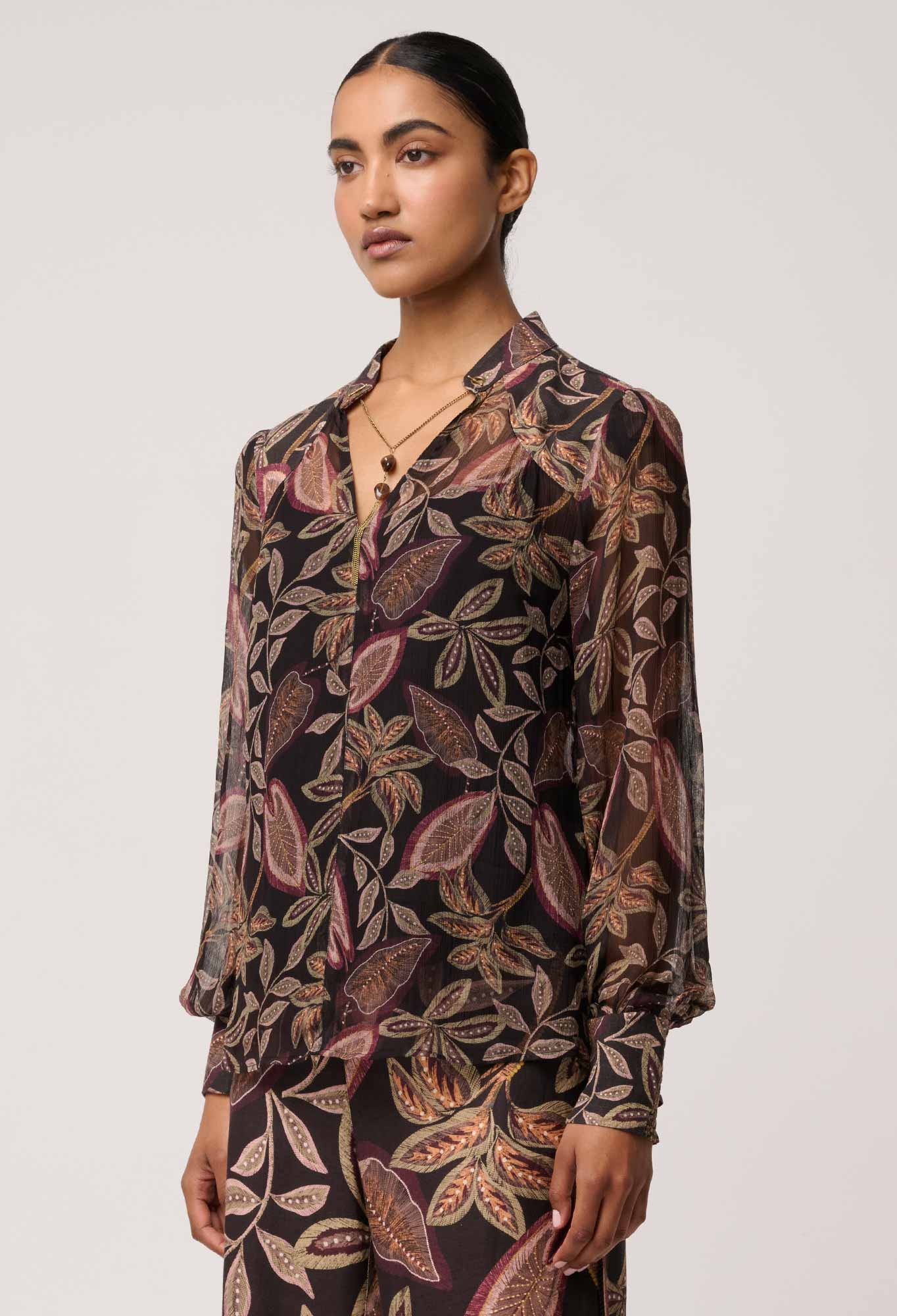 Freya Sheer Viscose Blouse with Embellished Neck in Dark Tropique