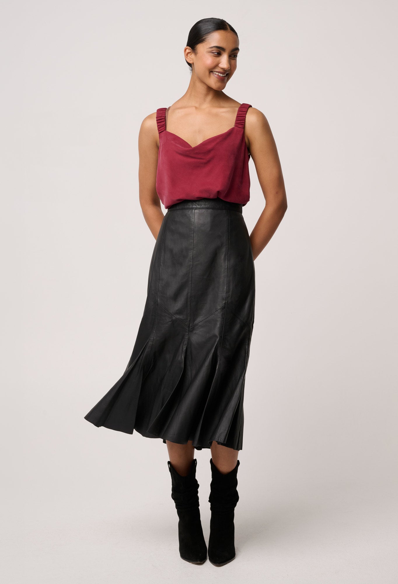 Gayle Genuine Leather Panelled Skirt in Black