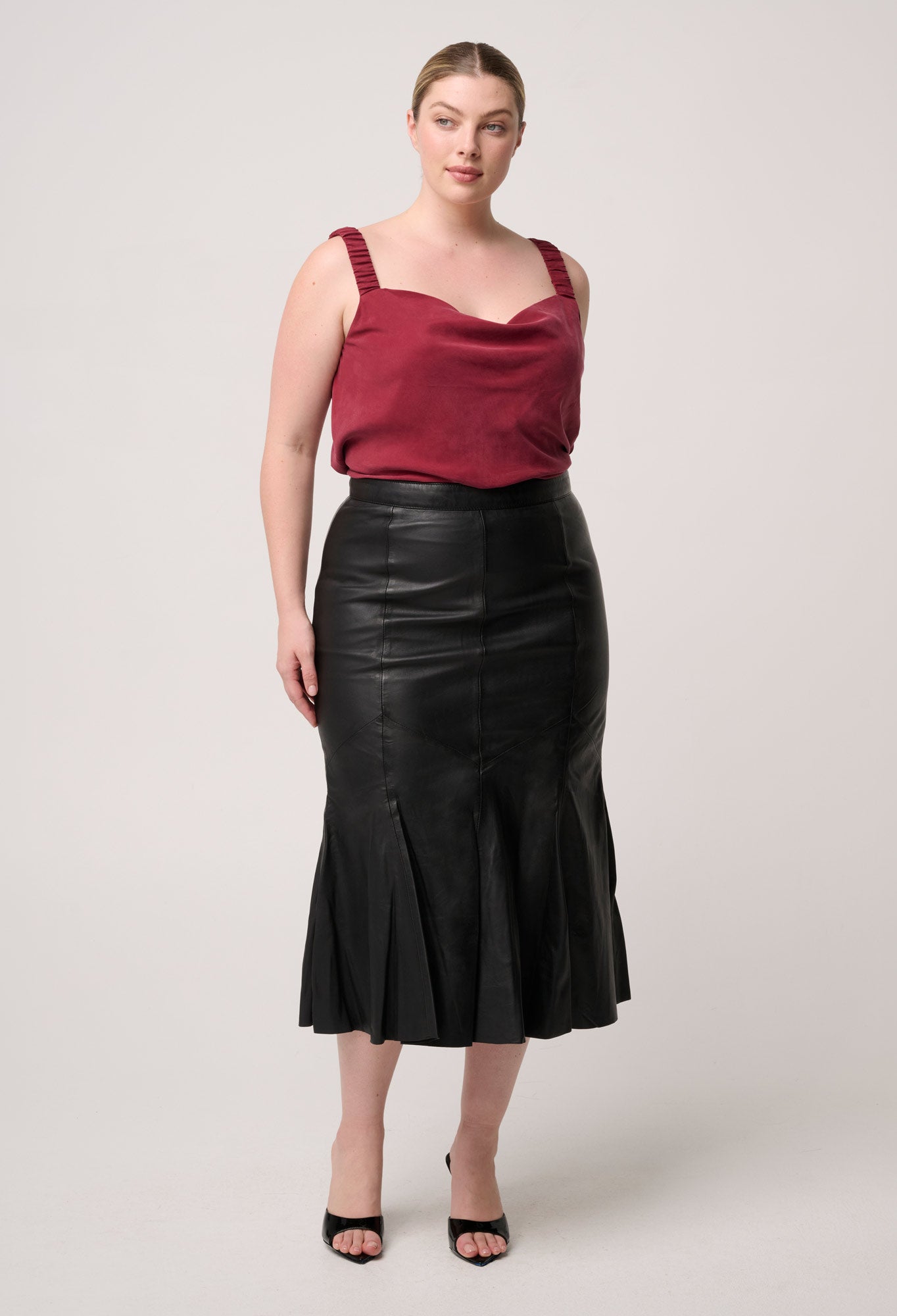 Gayle Genuine Leather Panelled Skirt in Black